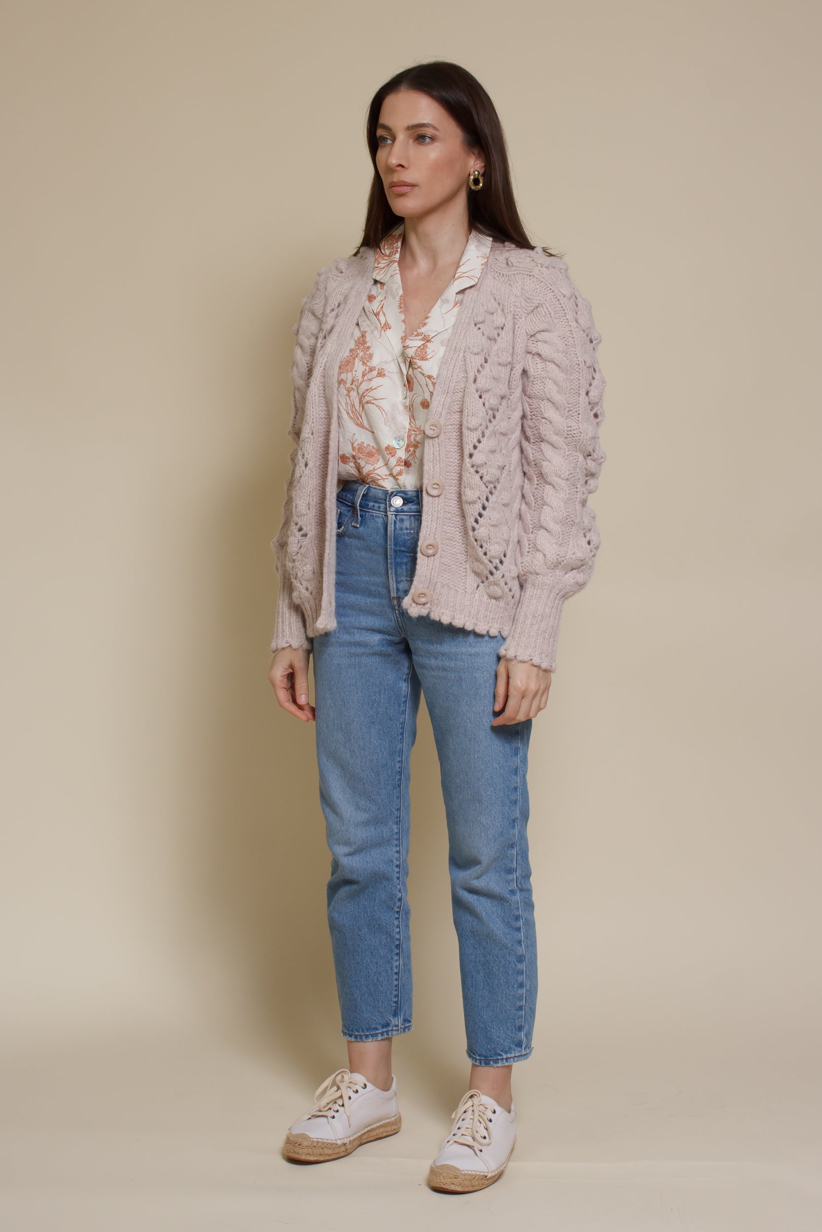 In Loom pointelle knit pom pom cardigan, in oatmeal.