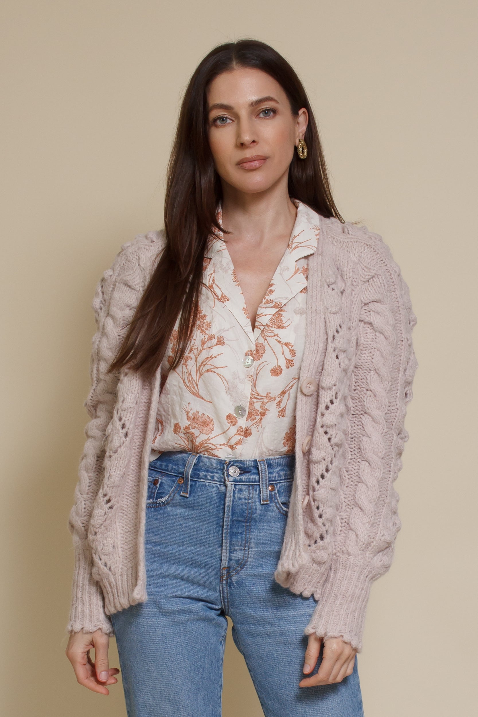 In Loom pointelle knit pom pom cardigan, in oatmeal.