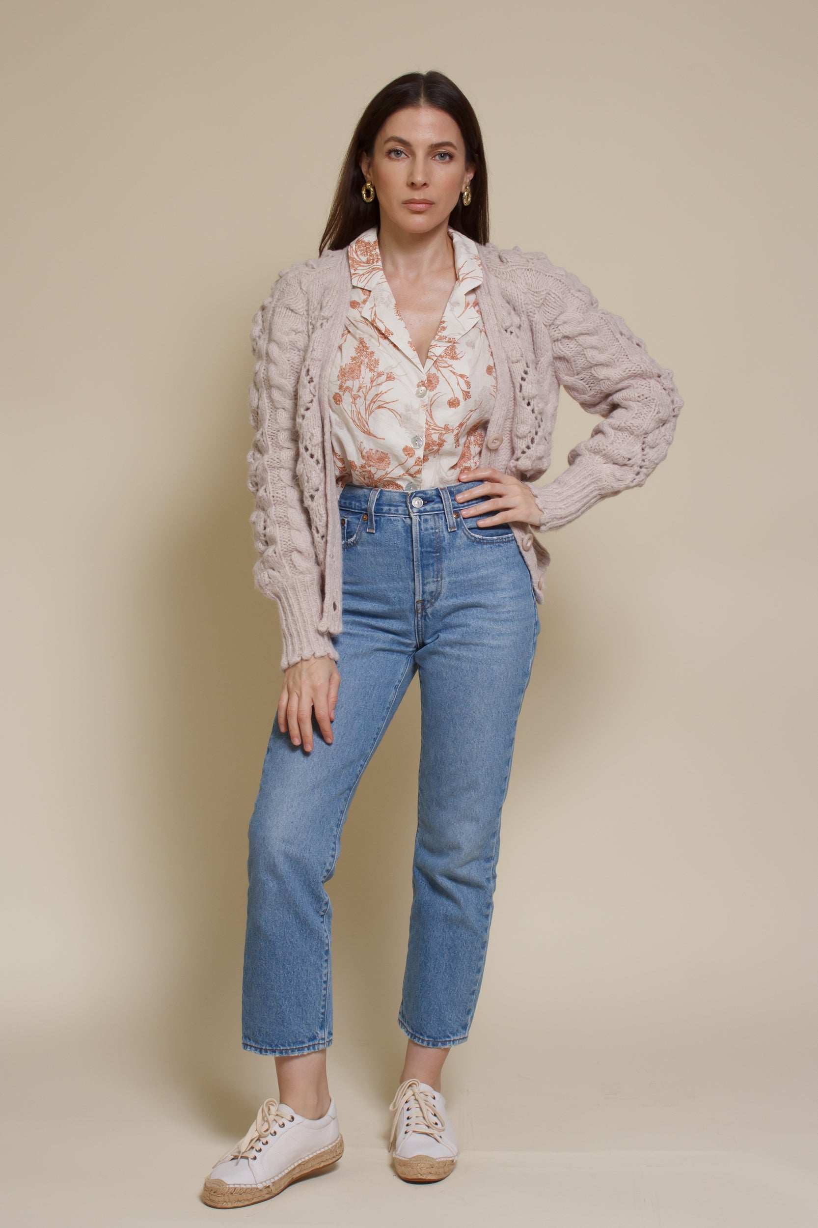 In Loom pointelle knit pom pom cardigan, in oatmeal.