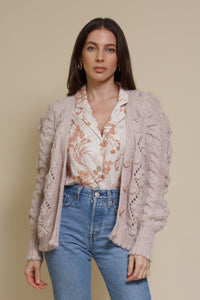 In Loom pointelle knit pom pom cardigan, in oatmeal.
