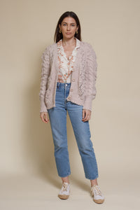 In Loom pointelle knit pom pom cardigan, in oatmeal.