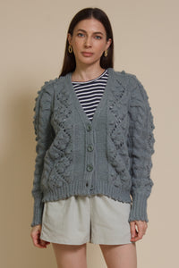 In Loom pointelle knit pom pom cardigan, in sage.