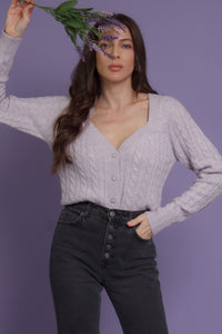 Sweetheart neckline cardigan with jeweled buttons, in lilac.