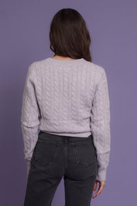 Sweetheart neckline cardigan with jeweled buttons, in lilac.