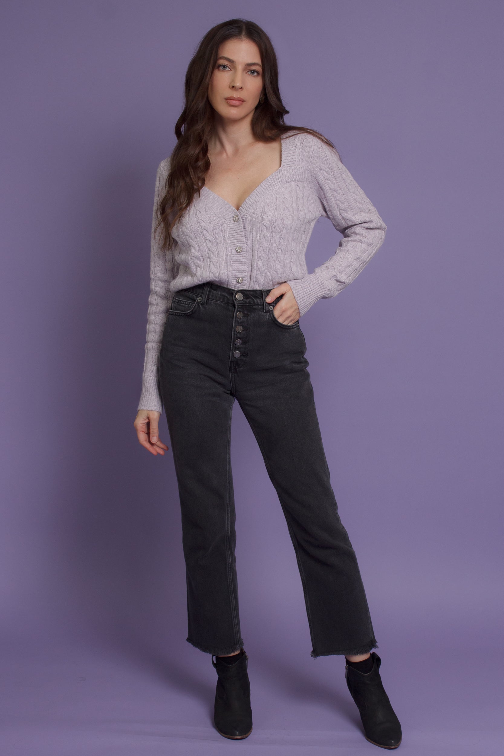 Sweetheart neckline cardigan with jeweled buttons, in lilac.