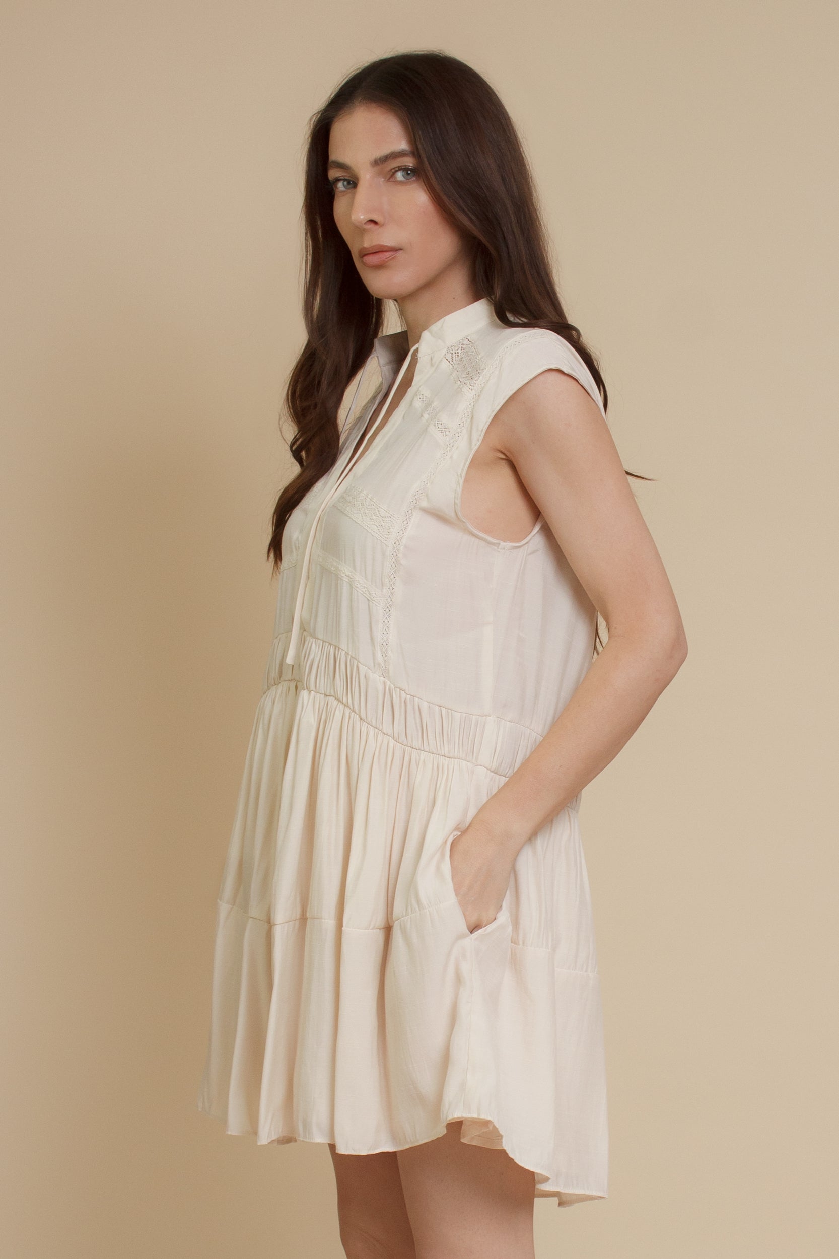 Mustard Seed lace inset mini dress, in ecru.