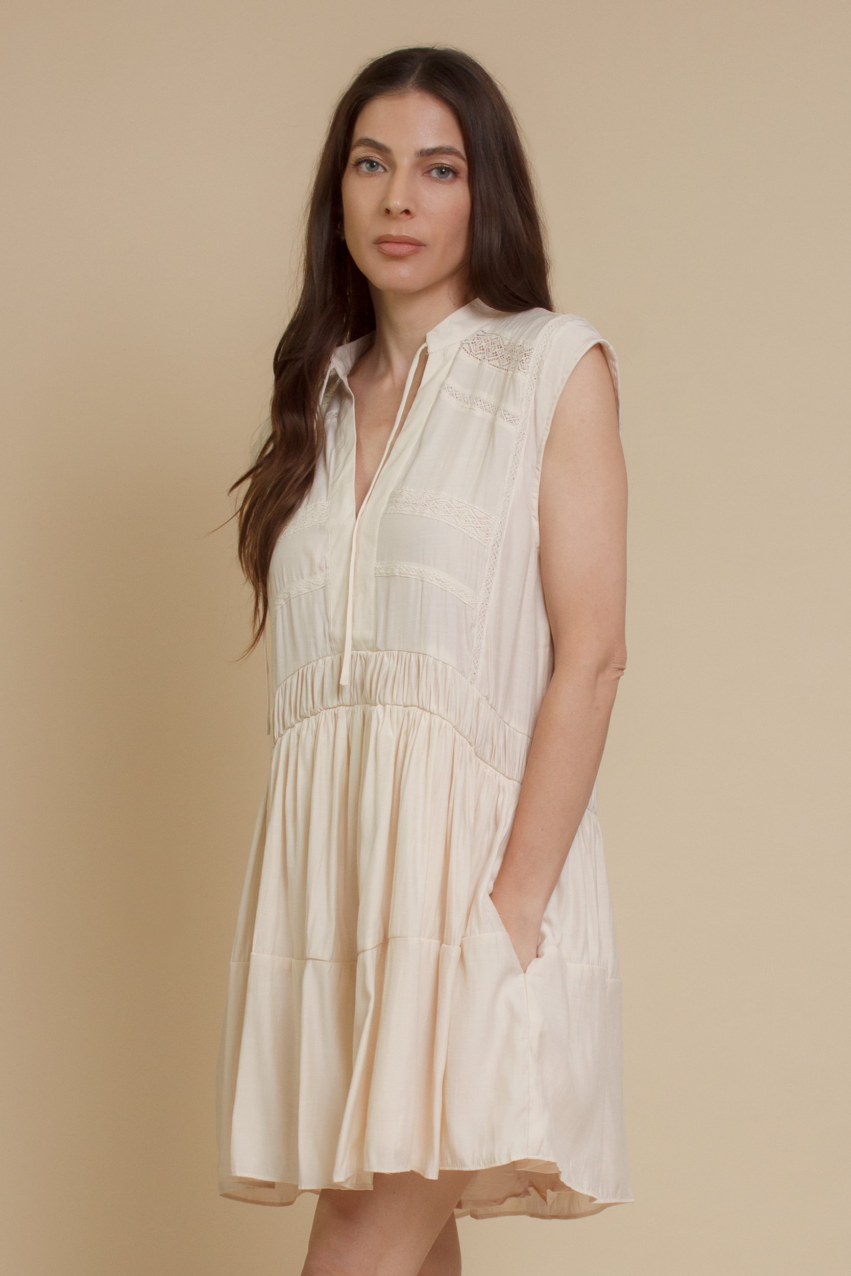 Mustard Seed lace inset mini dress, in ecru.