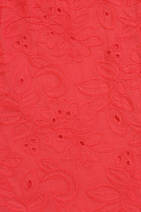 Eyelet embroidered puff sleeve midi dress, in coral.