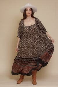 Olivaceous floral babydoll maxi dress, in Black/Brown.