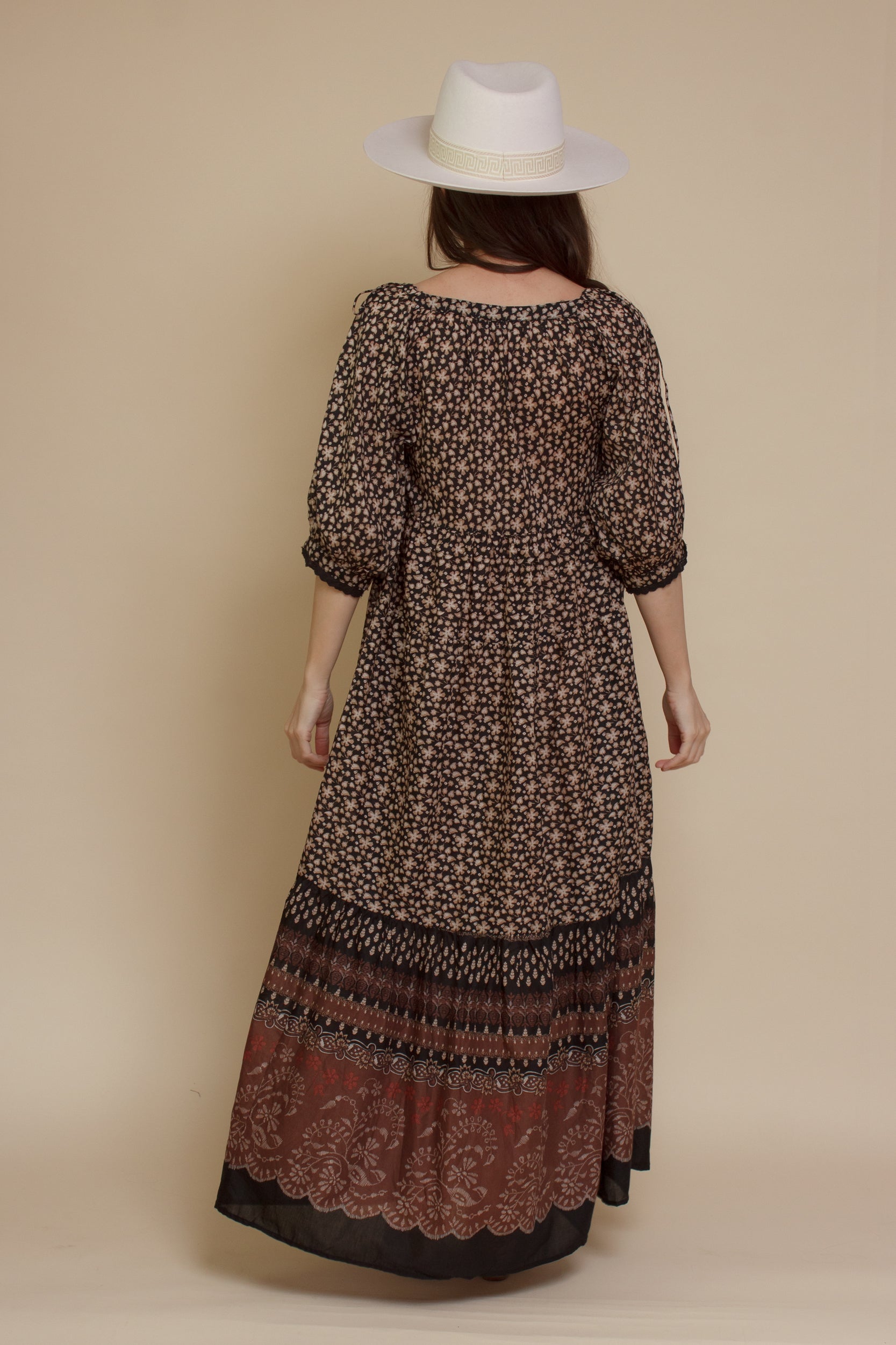 Olivaceous floral babydoll maxi dress, in Black/Brown.