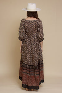 Olivaceous floral babydoll maxi dress, in Black/Brown.