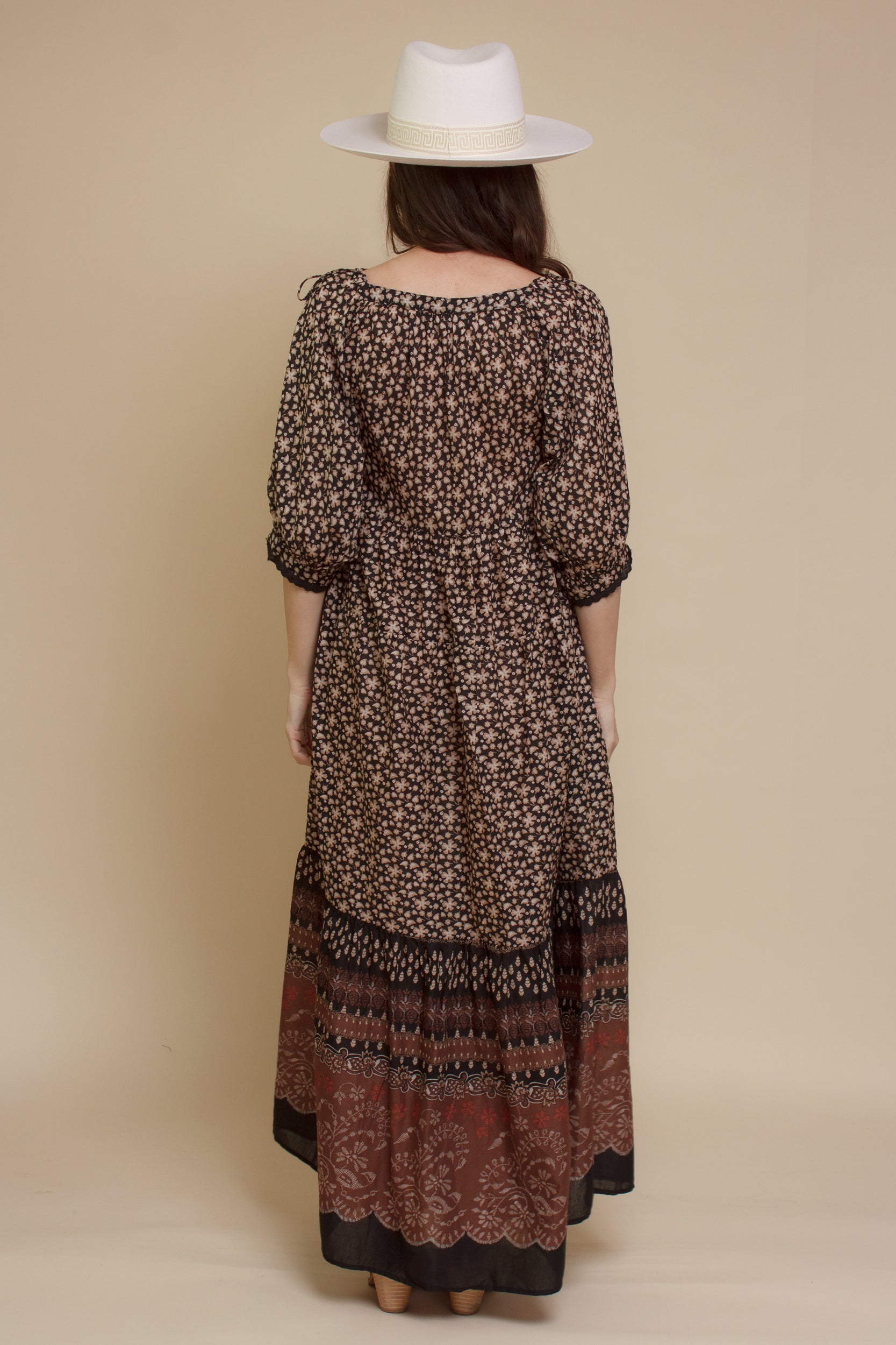 Olivaceous floral babydoll maxi dress, in Black/Brown.
