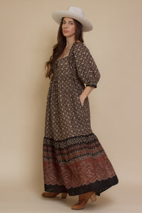 Olivaceous floral babydoll maxi dress, in Black/Brown.