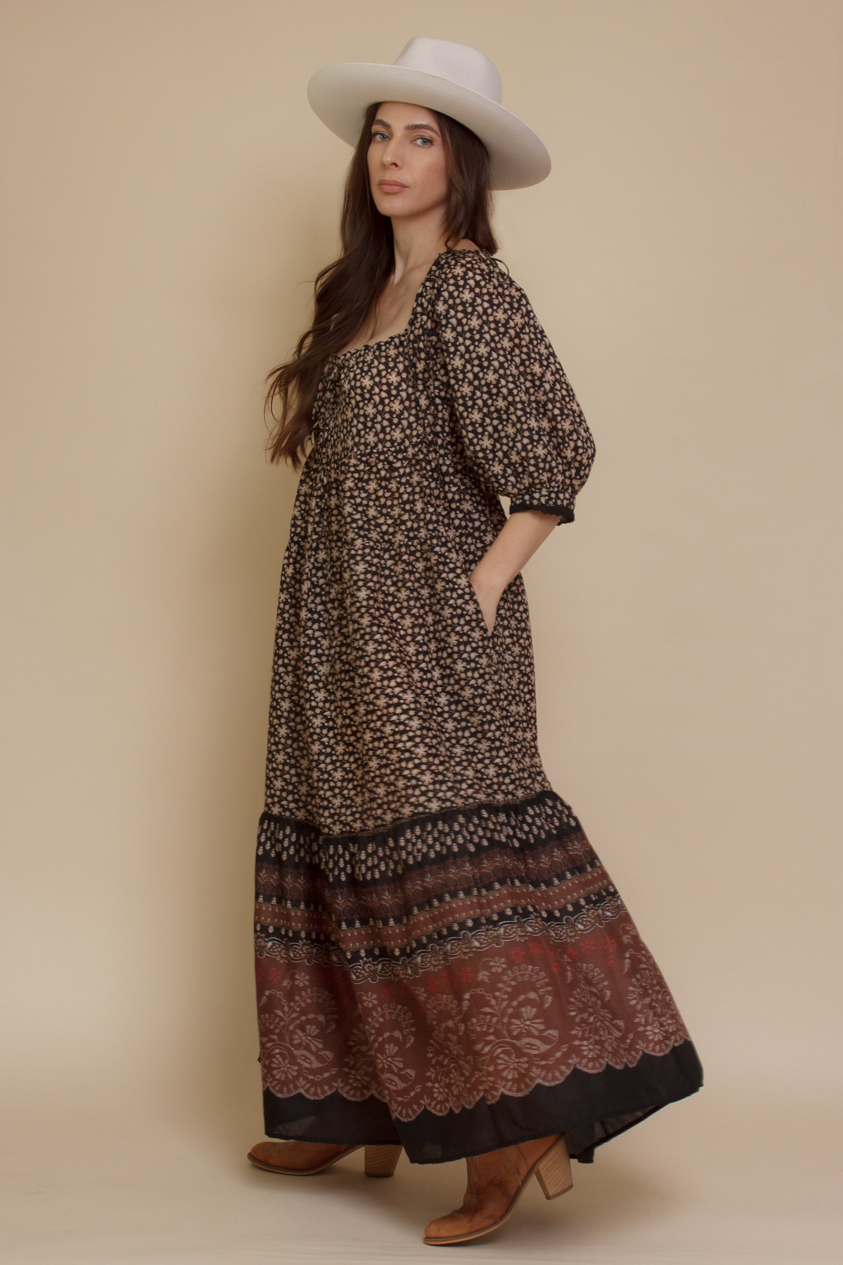 Olivaceous floral babydoll maxi dress, in Black/Brown.