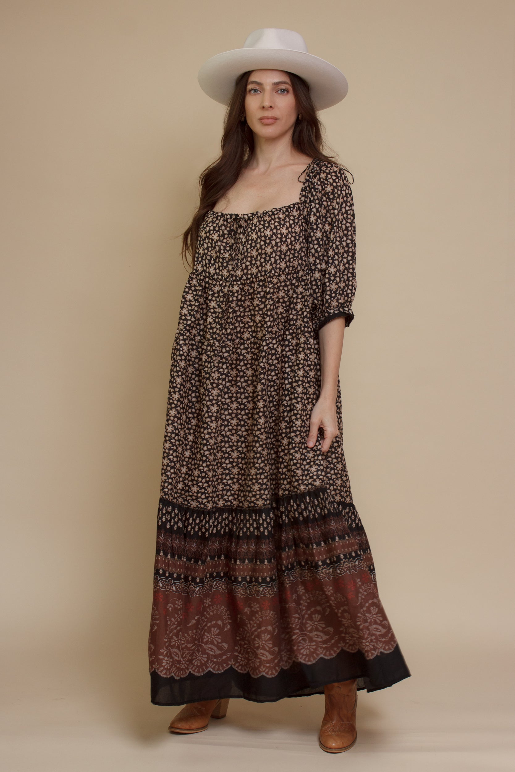 Olivaceous floral babydoll maxi dress, in Black/Brown.