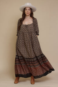 Olivaceous floral babydoll maxi dress, in Black/Brown.