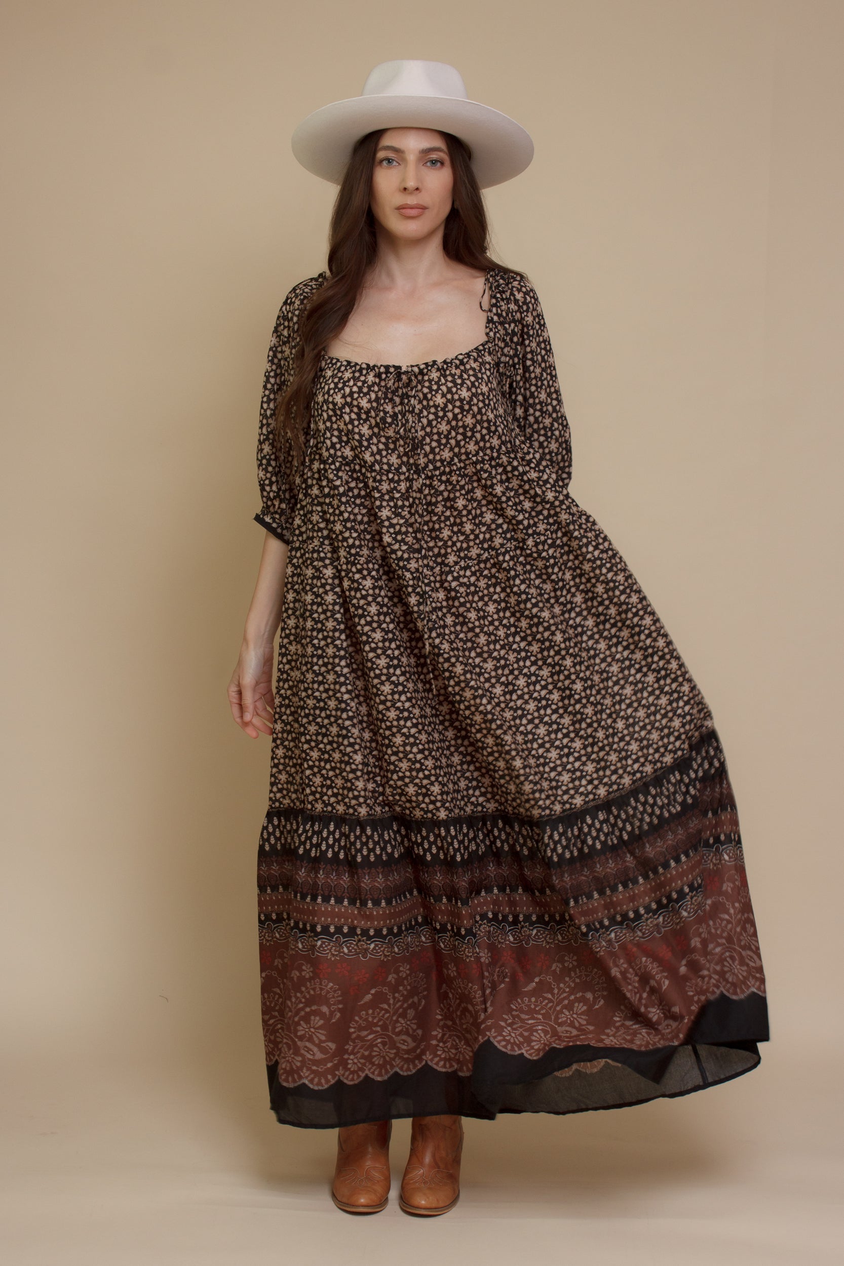 Olivaceous floral babydoll maxi dress, in Black/Brown.