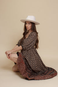 Olivaceous floral babydoll maxi dress, in Black/Brown.