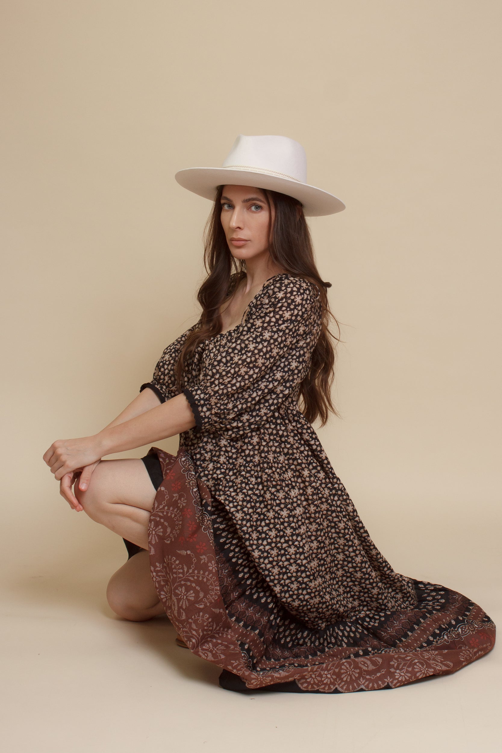 Olivaceous floral babydoll maxi dress, in Black/Brown.