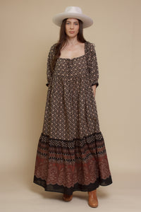 Olivaceous floral babydoll maxi dress, in Black/Brown.