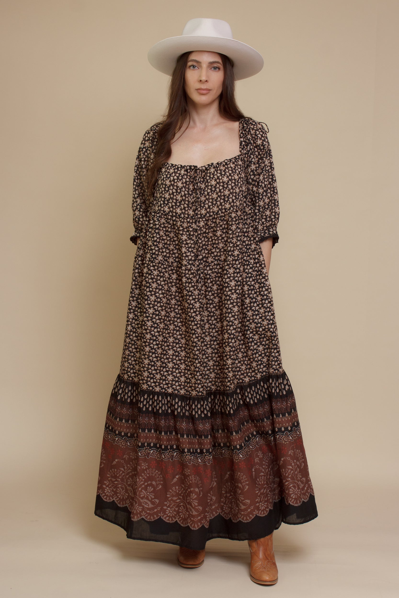 Olivaceous floral babydoll maxi dress, in Black/Brown.