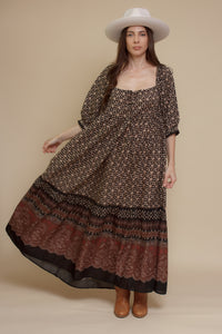 Olivaceous floral babydoll maxi dress, in Black/Brown.