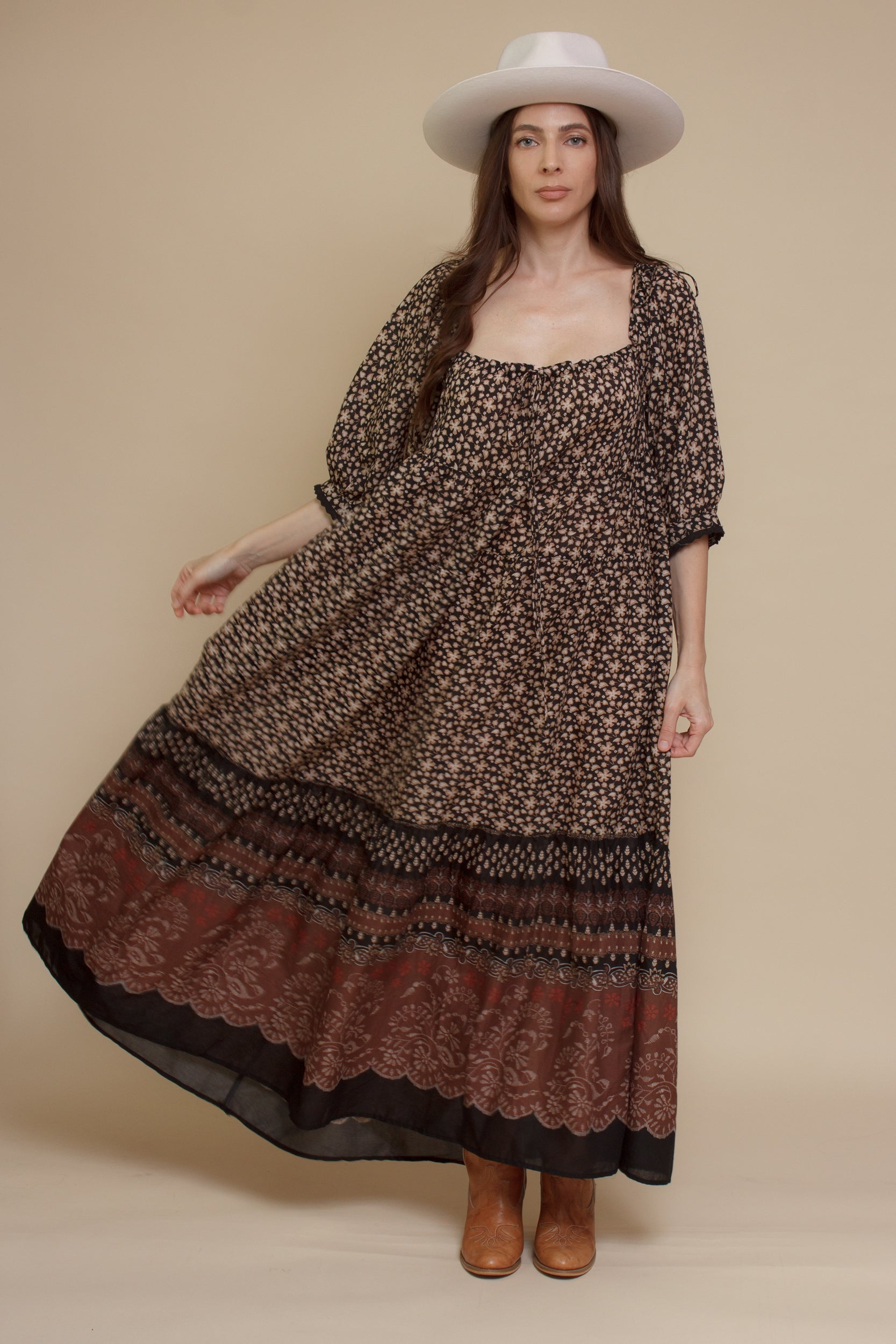 Olivaceous floral babydoll maxi dress, in Black/Brown.