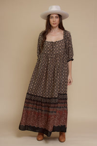 Olivaceous floral babydoll maxi dress, in Black/Brown.