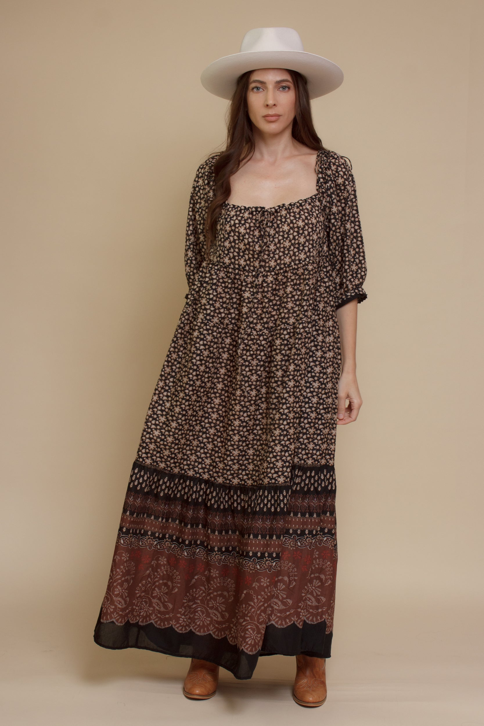 Olivaceous floral babydoll maxi dress, in Black/Brown.