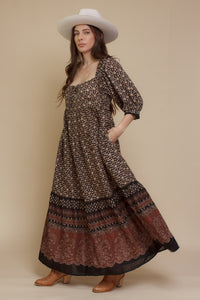 Olivaceous floral babydoll maxi dress, in Black/Brown.