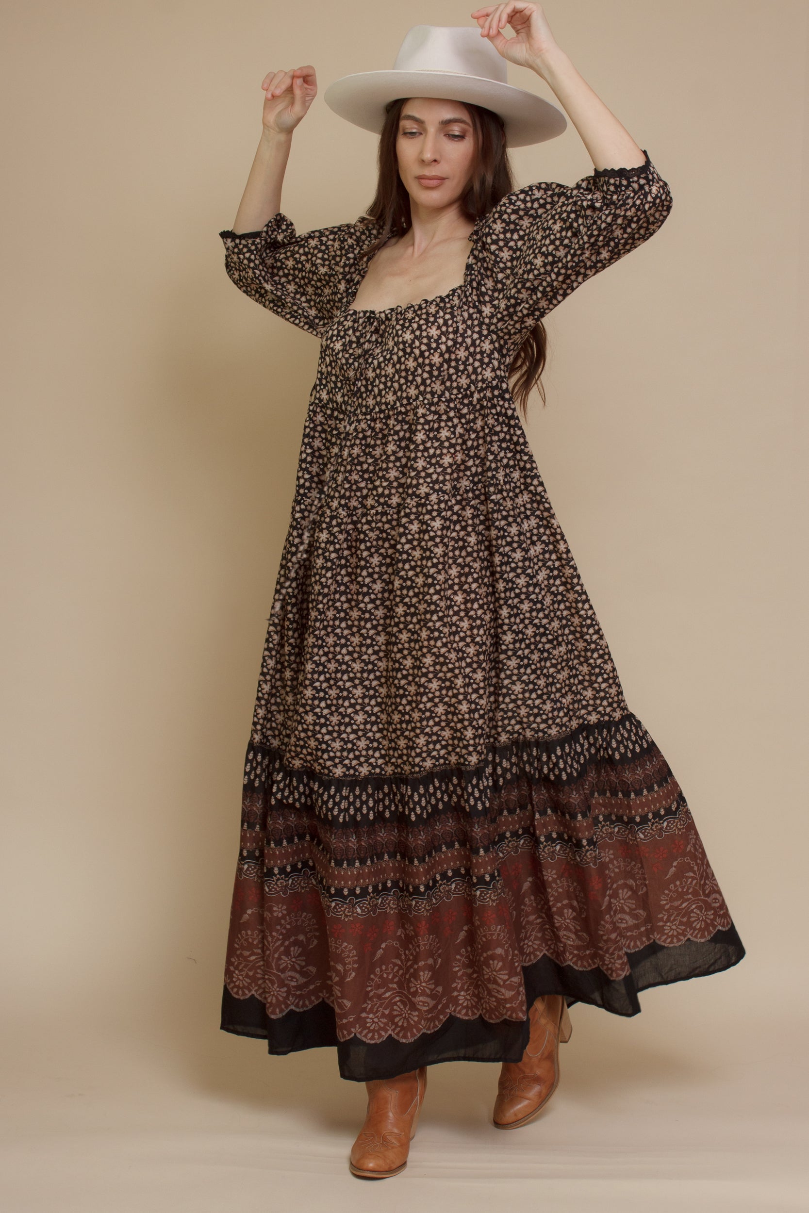 Olivaceous floral babydoll maxi dress, in Black/Brown.