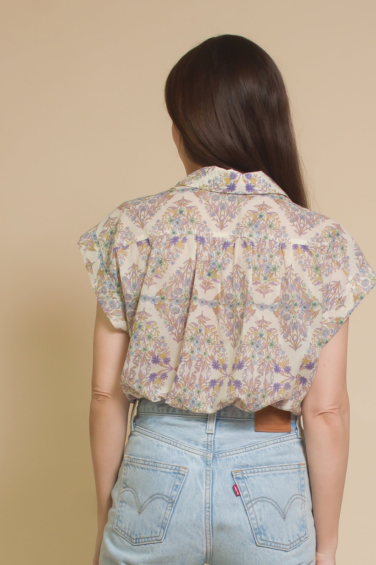 Olivaceous floral button front blouse, in natural lilac mint.