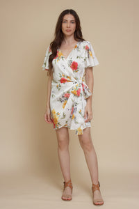 Dress Forum satin floral wrap dress, in ivory.
