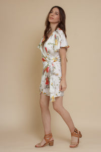 Dress Forum satin floral wrap dress, in ivory.