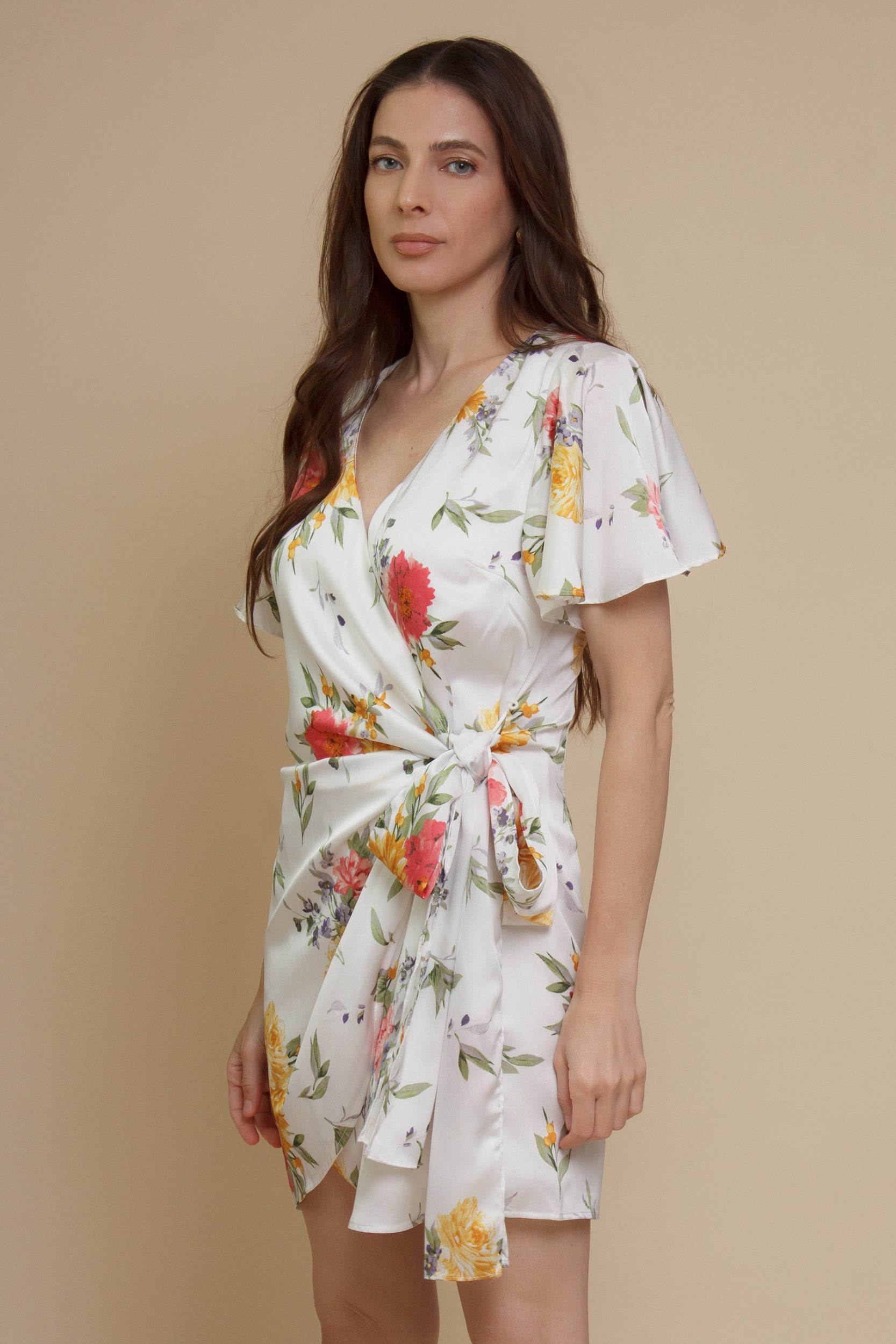 Dress Forum satin floral wrap dress, in ivory.