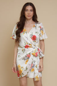Dress Forum satin floral wrap dress, in ivory.