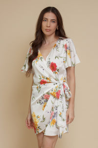 Dress Forum satin floral wrap dress, in ivory.