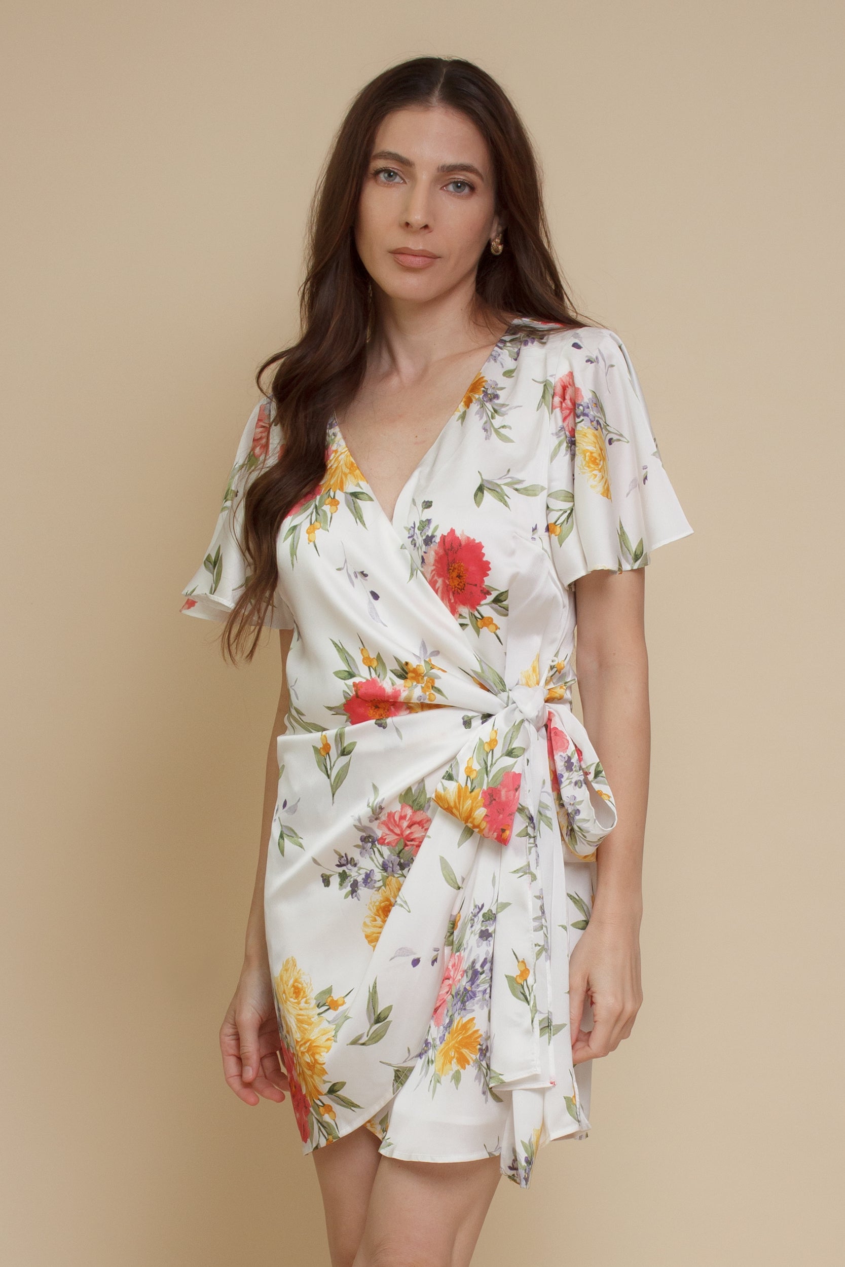 Dress Forum satin floral wrap dress, in ivory.