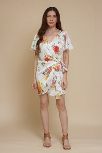 Dress Forum satin floral wrap dress, in ivory.