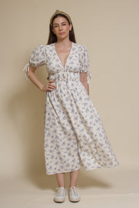Storia short sleeve smocked midi dress, in blue floral.