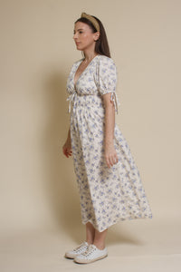 Storia short sleeve smocked midi dress, in blue floral.