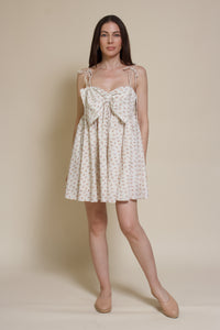 Storia ditsy floral bow front mini dress, in cream multi.