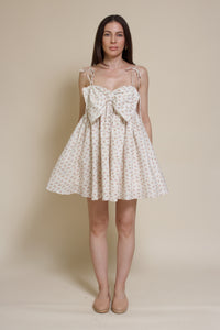 Storia ditsy floral bow front mini dress, in cream multi.
