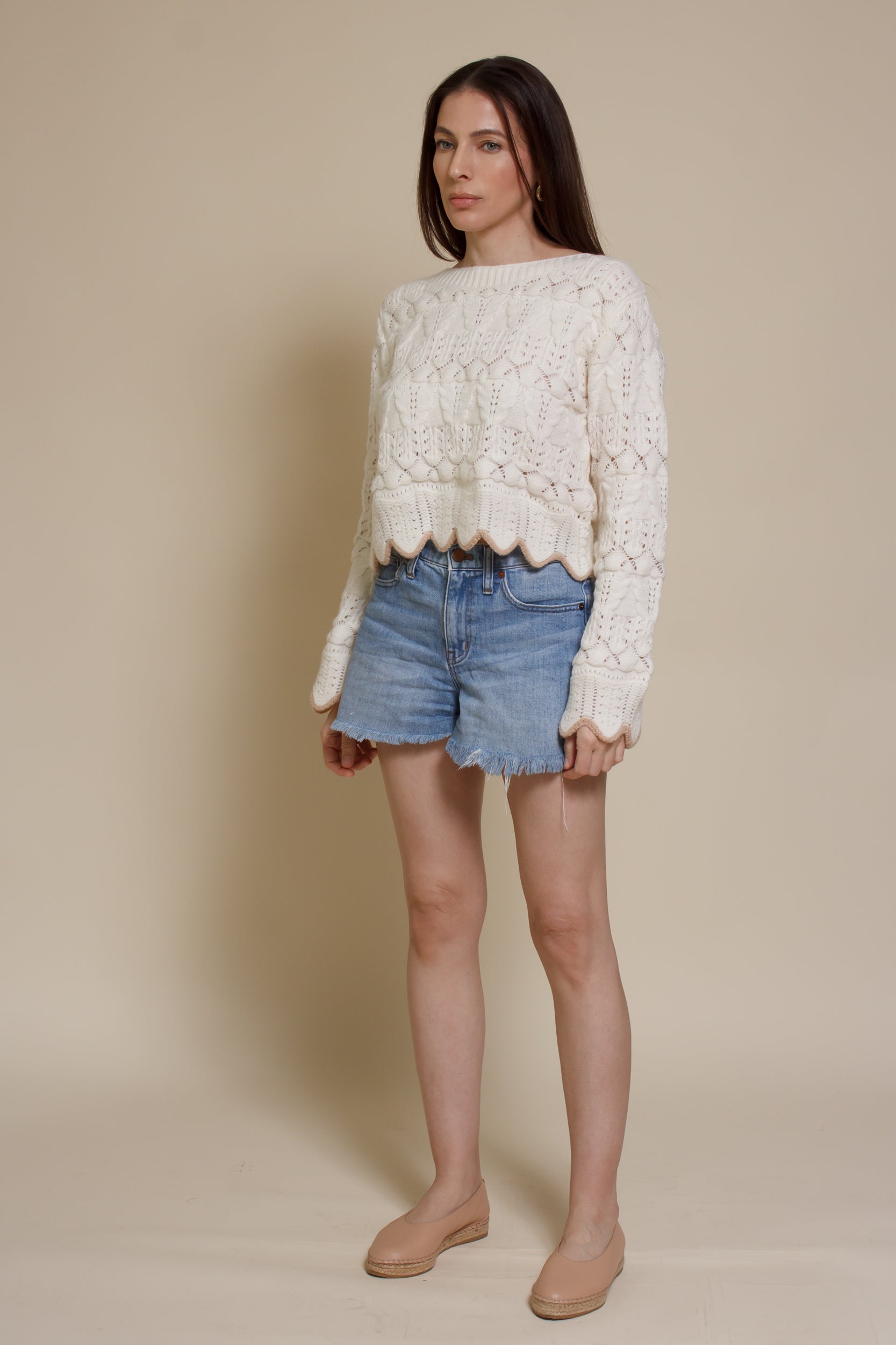 Storia cropped pointelle sweater with scalloped edges, in cream.