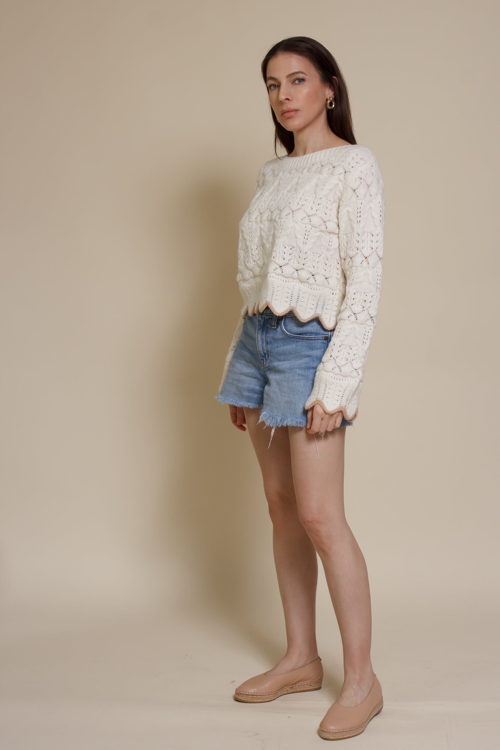 Storia cropped pointelle sweater with scalloped edges, in cream.