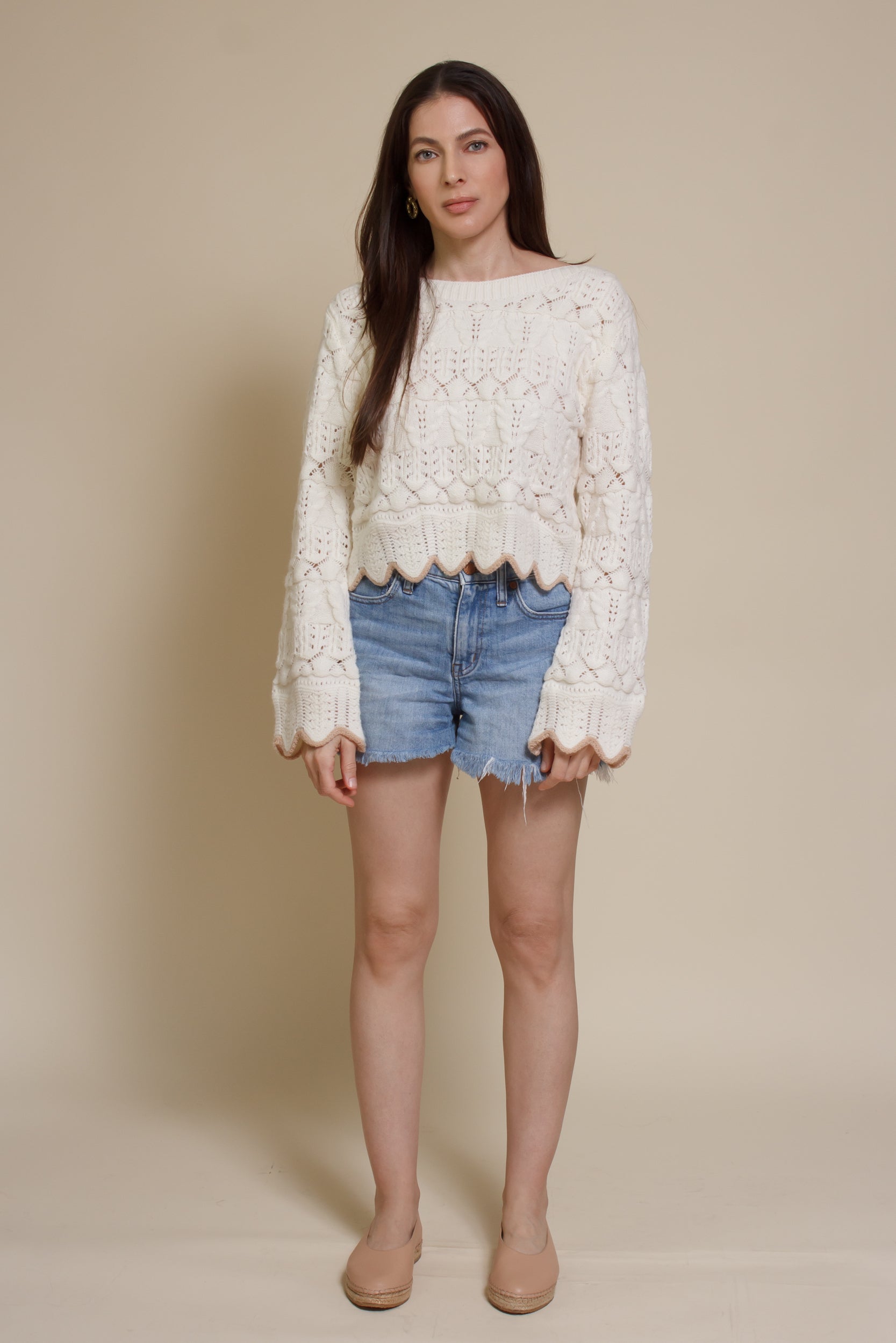 Storia cropped pointelle sweater with scalloped edges, in cream.