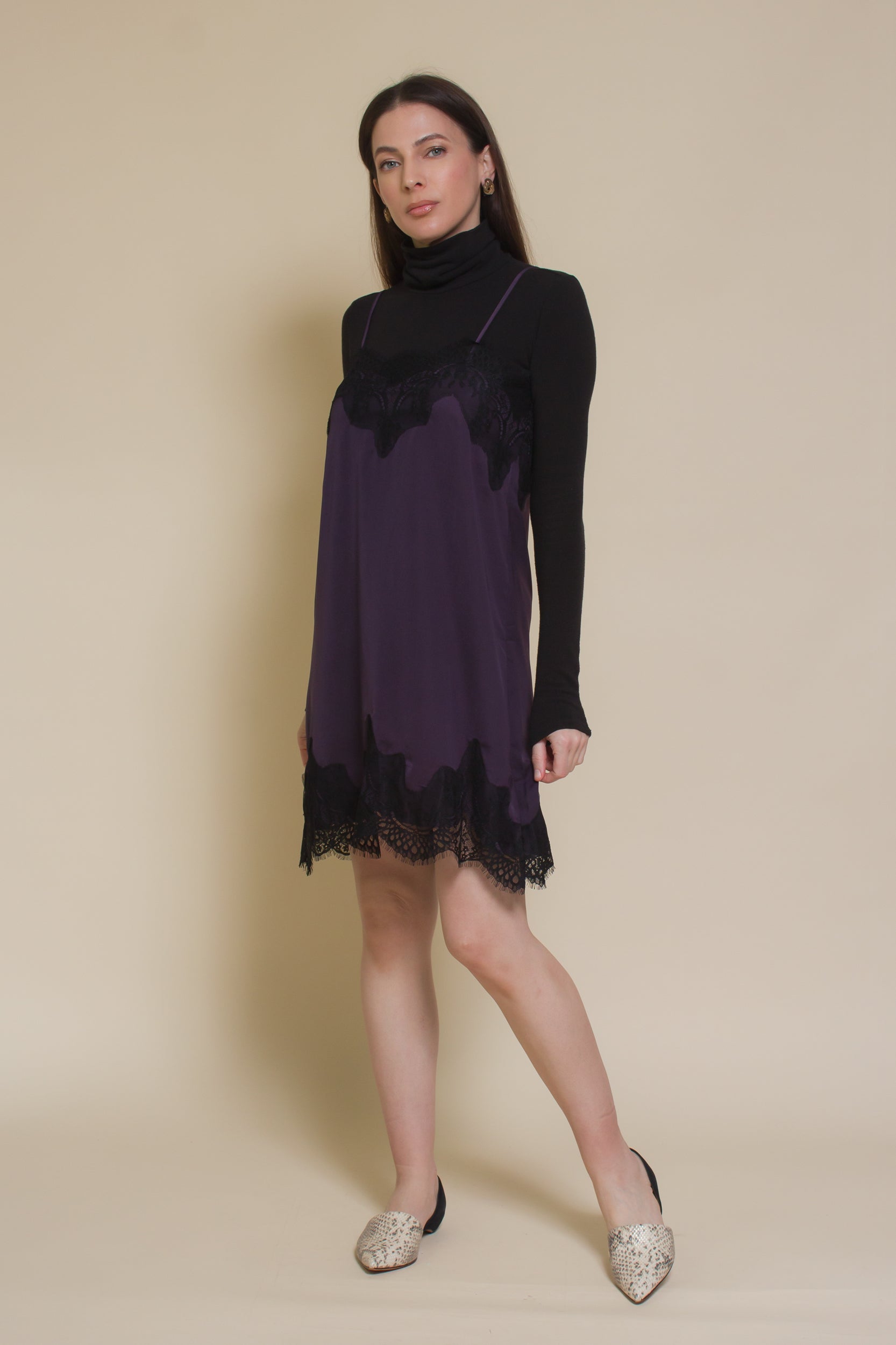 Storia slip dress with lace detail, in purple.