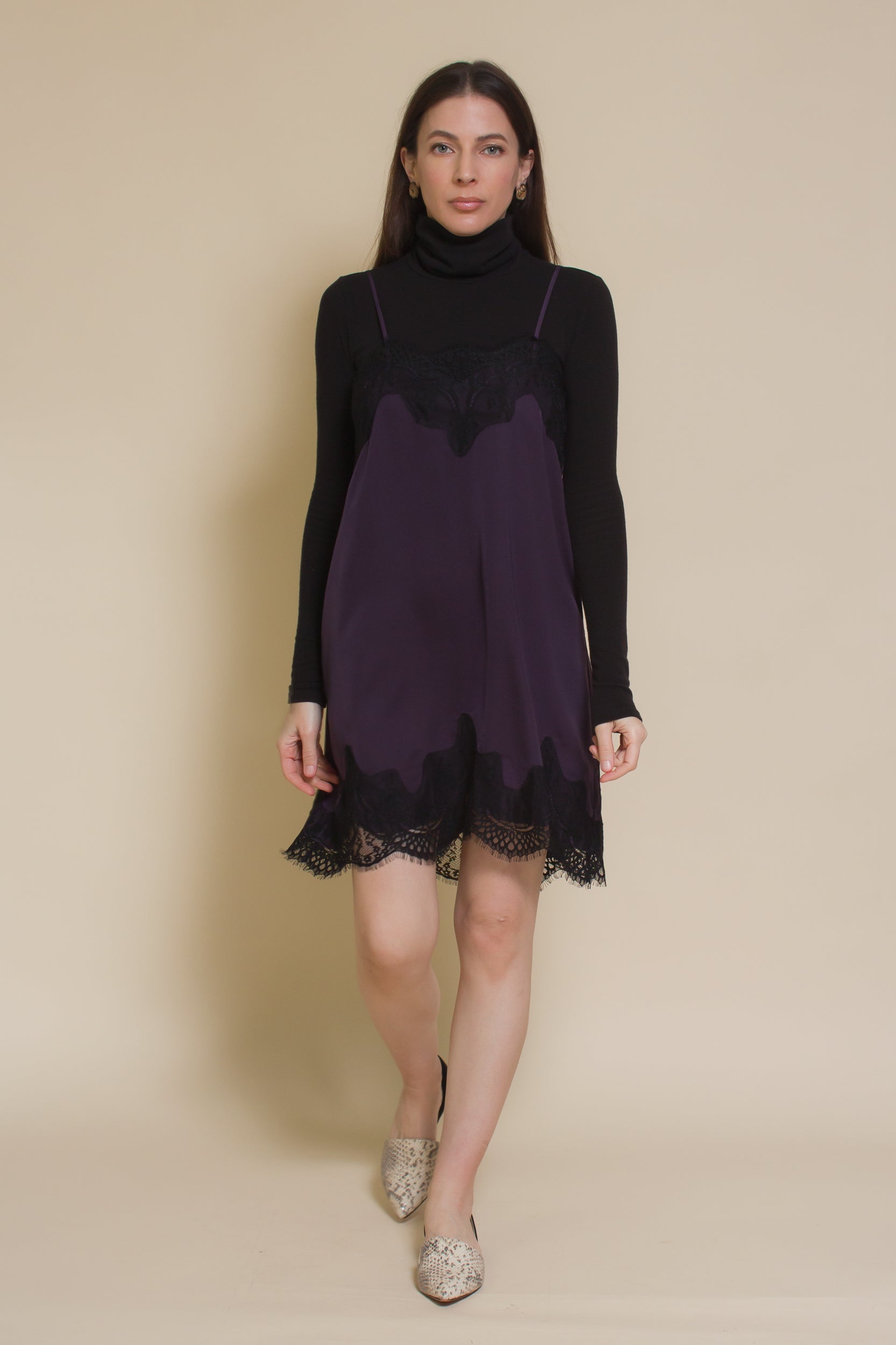 Storia slip dress with lace detail, in purple.