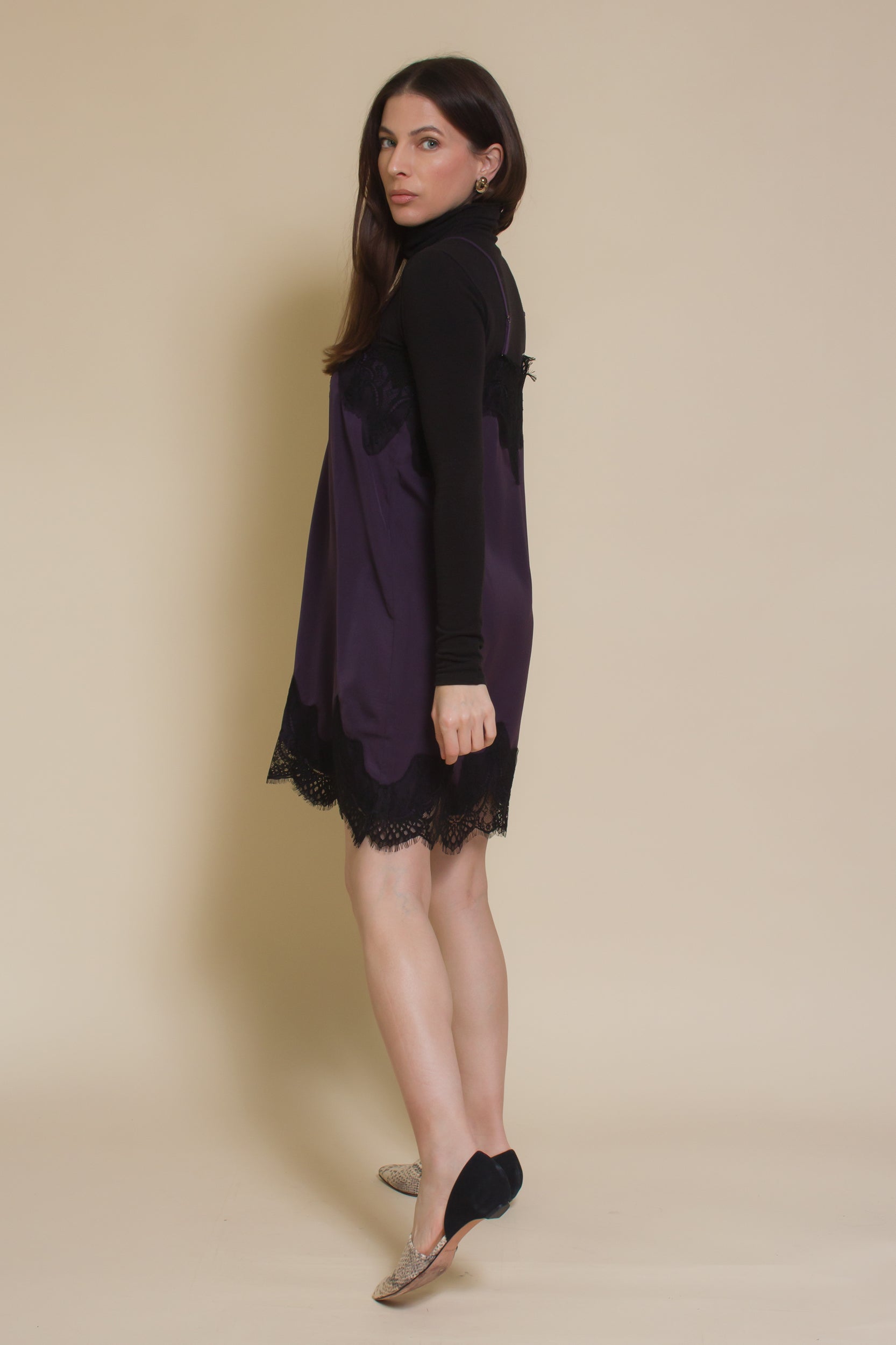 Storia slip dress with lace detail, in purple.
