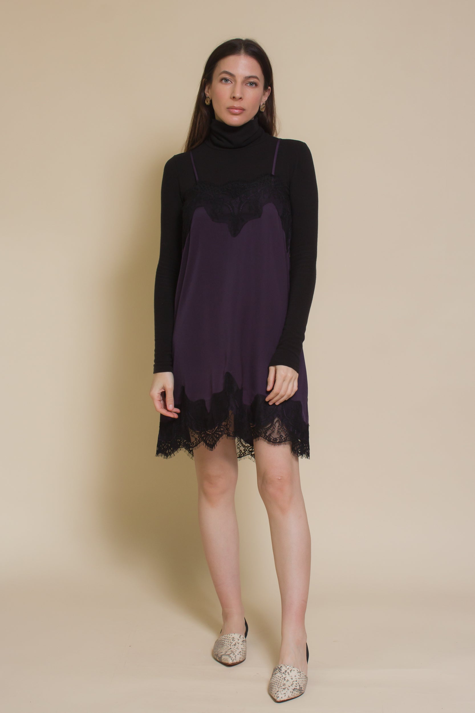 Storia slip dress with lace detail, in purple.